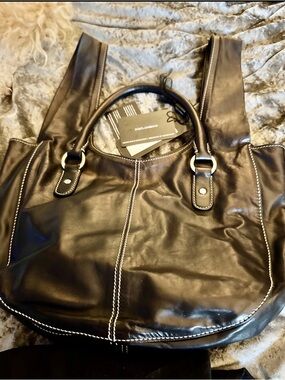 Dolce & Gabbana Black Leather Tote with White Stitching